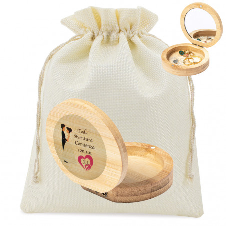 Scatola di legno con specchio presentata in una borsa rustica e adesivo per matrimoni