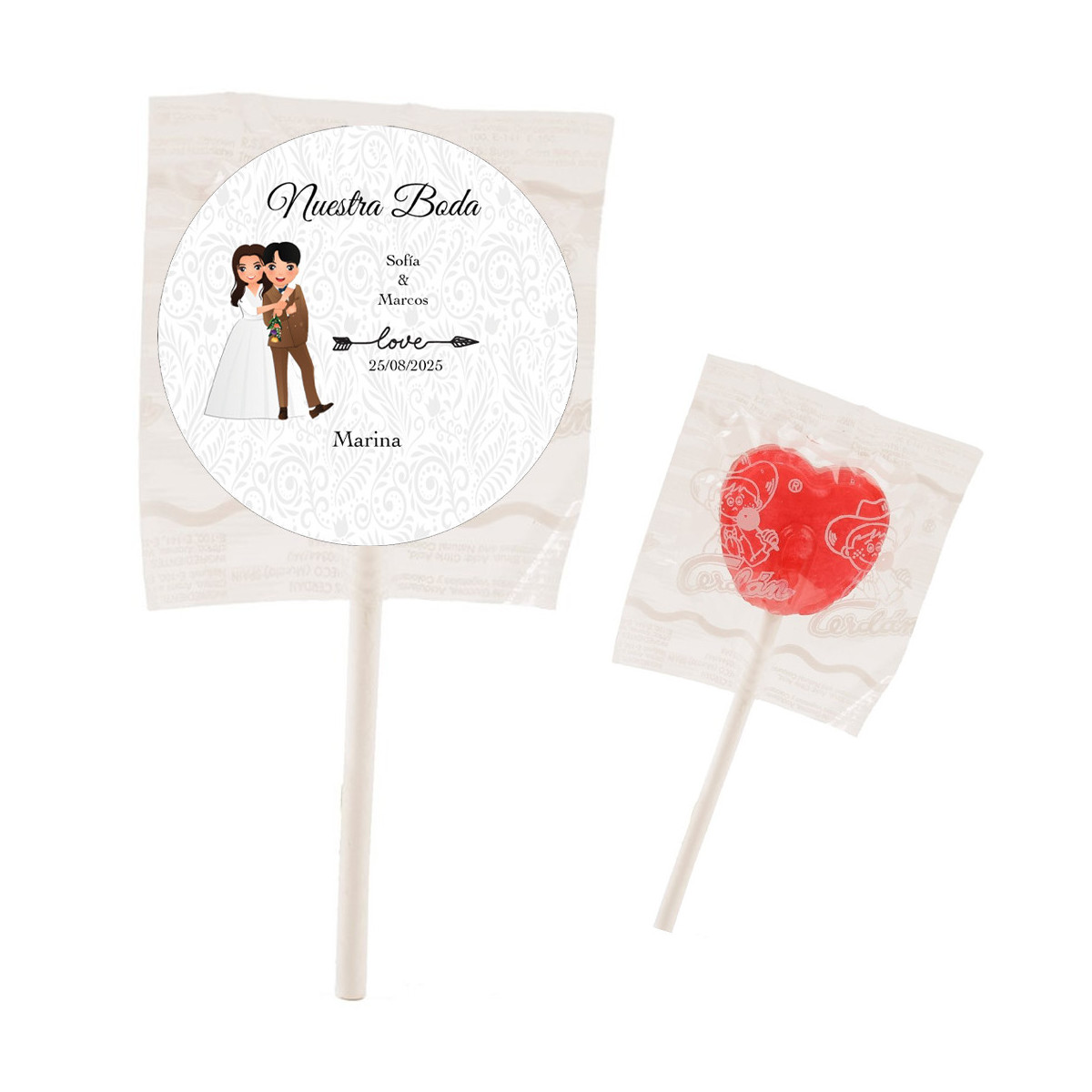 Lecca lecca personalizzato a forma di cuore rosso con adesivo per matrimonio