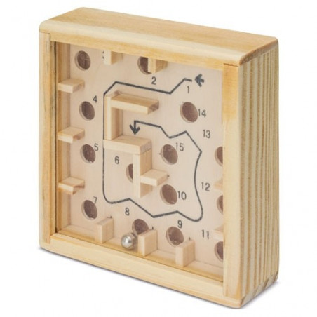 Labirinto di legno con biglie presentato in un sacchetto di kraft