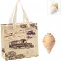 Trottola in legno con filo presentata in una borsa in stile vintage