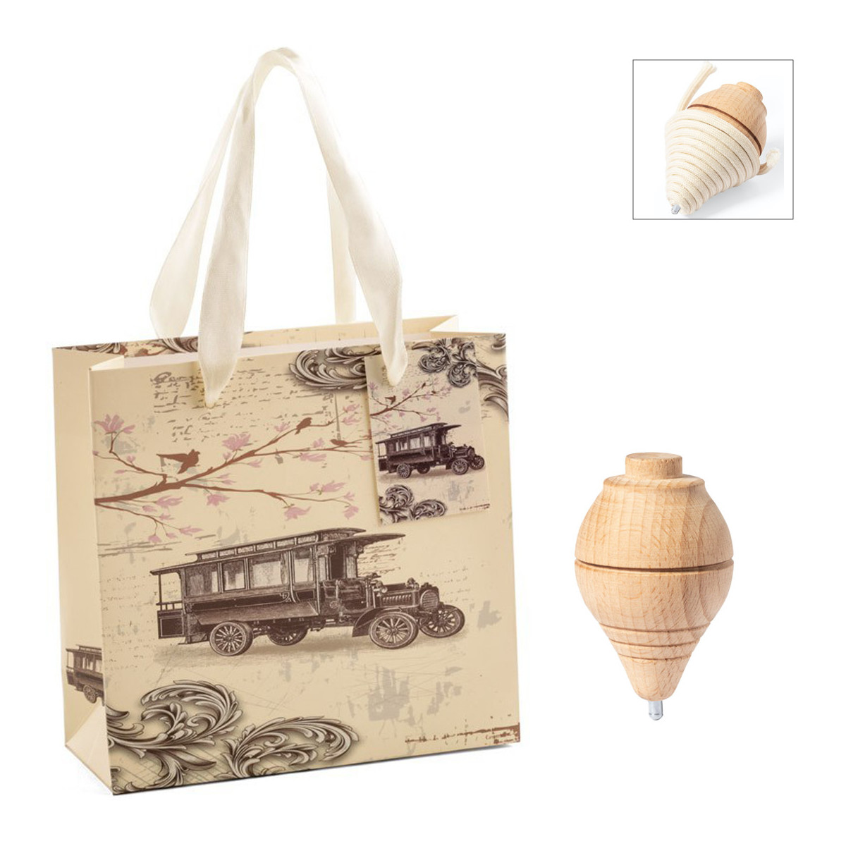 Trottola in legno con filo presentata in una borsa in stile vintage