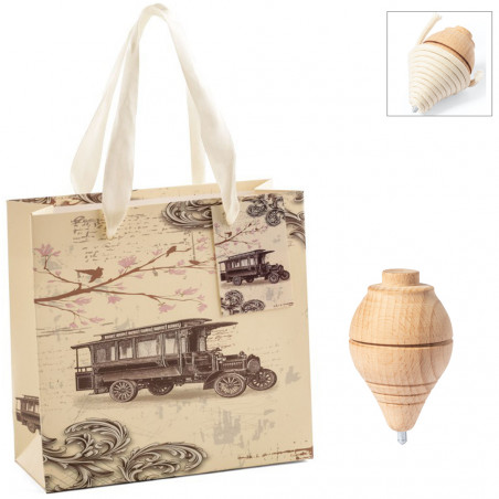 Trottola in legno con filo presentata in una borsa in stile vintage