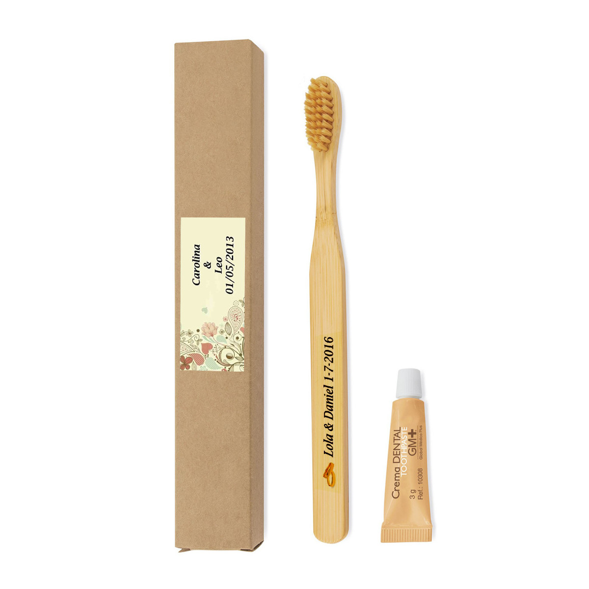 Spazzolino in bambù personalizzato con adesivo con dentifricio in scatola di cartone