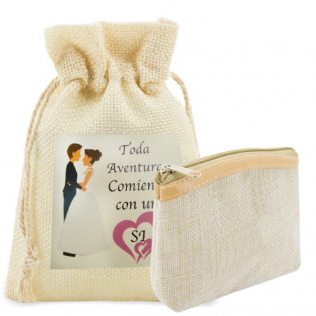 Portafoglio beige con copertura rustica con adesivo di nozze
