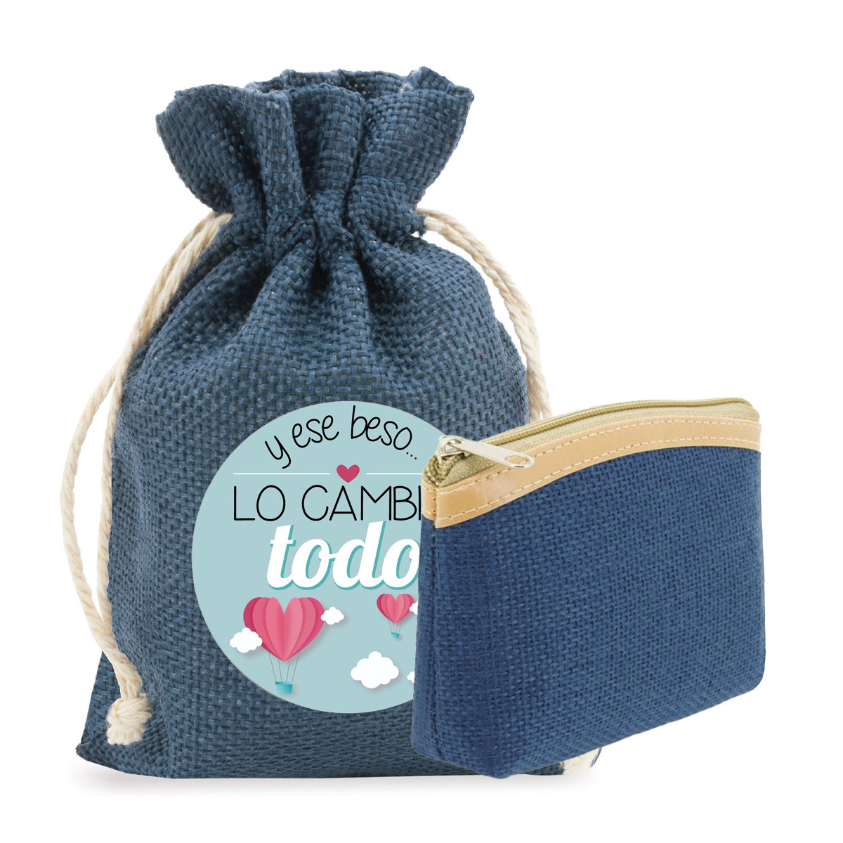 Portafoglio rustico di colore blu e borsa presentata con adesivo
