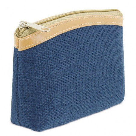Portafoglio rustico di colore blu e borsa presentata con adesivo