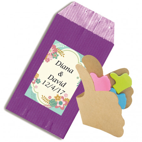 Libretto di note adesive colorate a forma di ok presentato in busta di kraft e adesivo per matrimonio personalizzato