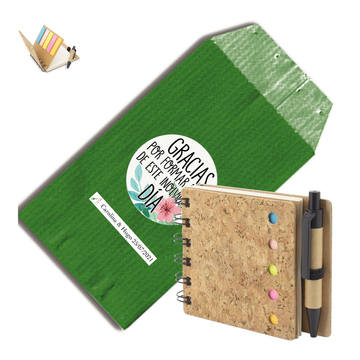 Quaderno ad anelli con post-it e fogli, più una penna per scrivere in una busta verde kraft e un adesivo personalizzato per le