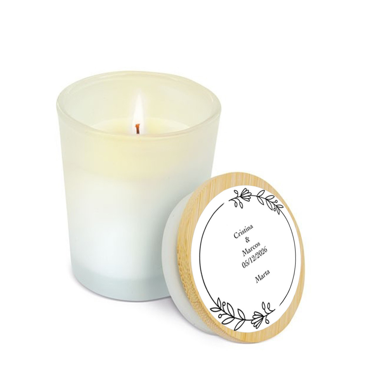 Candela in barattolo di vetro con coperchio in bambù personalizzato