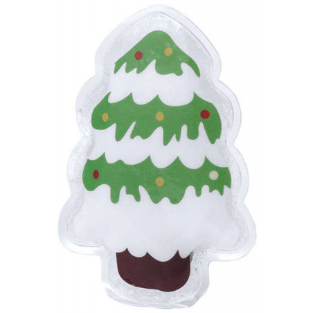 Scaldamani tascabile a forma di albero di natale presentato in una busta verde con adesivo natalizio