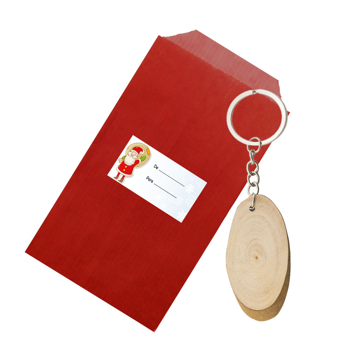 Portachiavi con tronco di legno presentato in busta kraft rossa con adesivo per natale