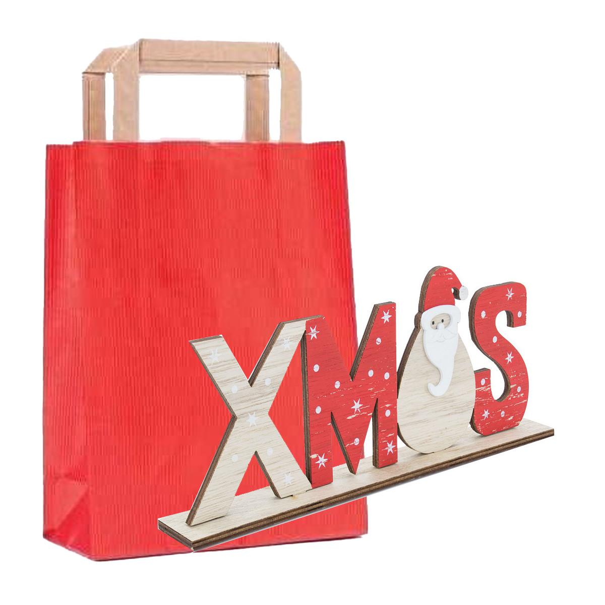 Ornamento natalizio per il tavolo del soggiorno presentato come regalo in un sacchetto rosso