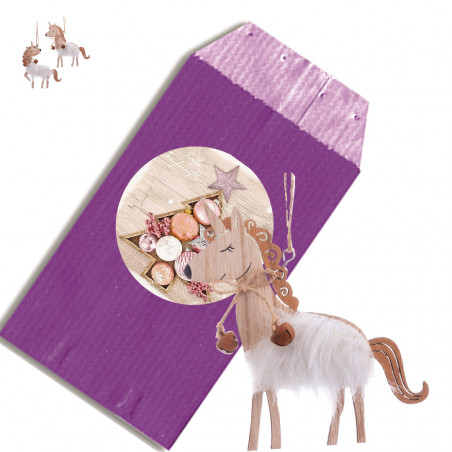 Unicorno di natale da appendere presentato in una busta con adesivo per personalizzare con la tua immagine