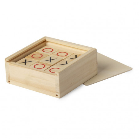 Gioco del tris in una scatola di legno personalizzata con una frase adesiva natalizia