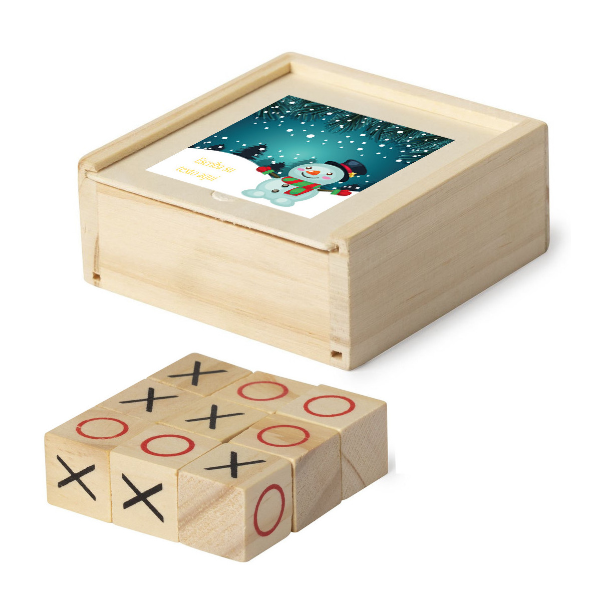 Gioco del tris in una scatola di legno personalizzata con una frase adesiva natalizia