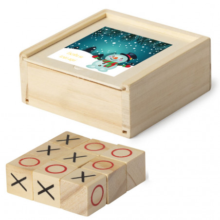 Gioco tic tac toe in scatola di legno personalizzata con frase su adesivo natalizio