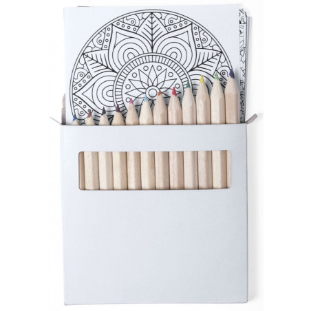 Matite colorate in scatola di cartone con fogli di mandala e adesivo personalizzabile per natale