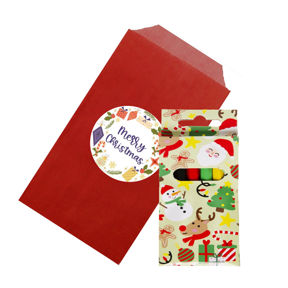 Scatola di pastelli colorati con motivo natalizio e presentati in una busta rossa con adesivo personalizzato per natale