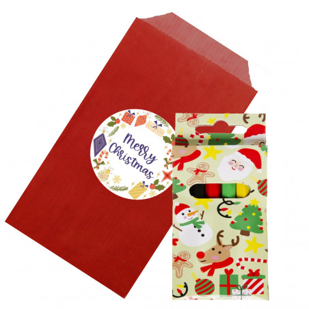 Scatola di pastelli colorati con motivo natalizio e presentati in una busta rossa con adesivo personalizzato per natale