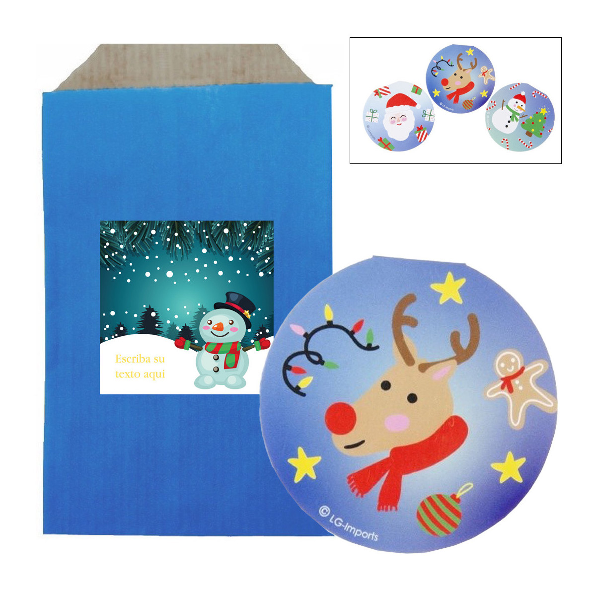 Quaderno natalizio decorato con una busta in carta kraft blu e un adesivo natalizio da personalizzare.