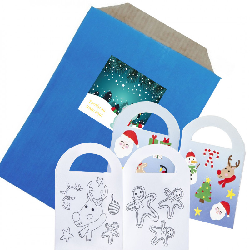 Libro da colorare di natale presentato in una busta regalo blu in carta kraft e un adesivo natalizio da personalizzare