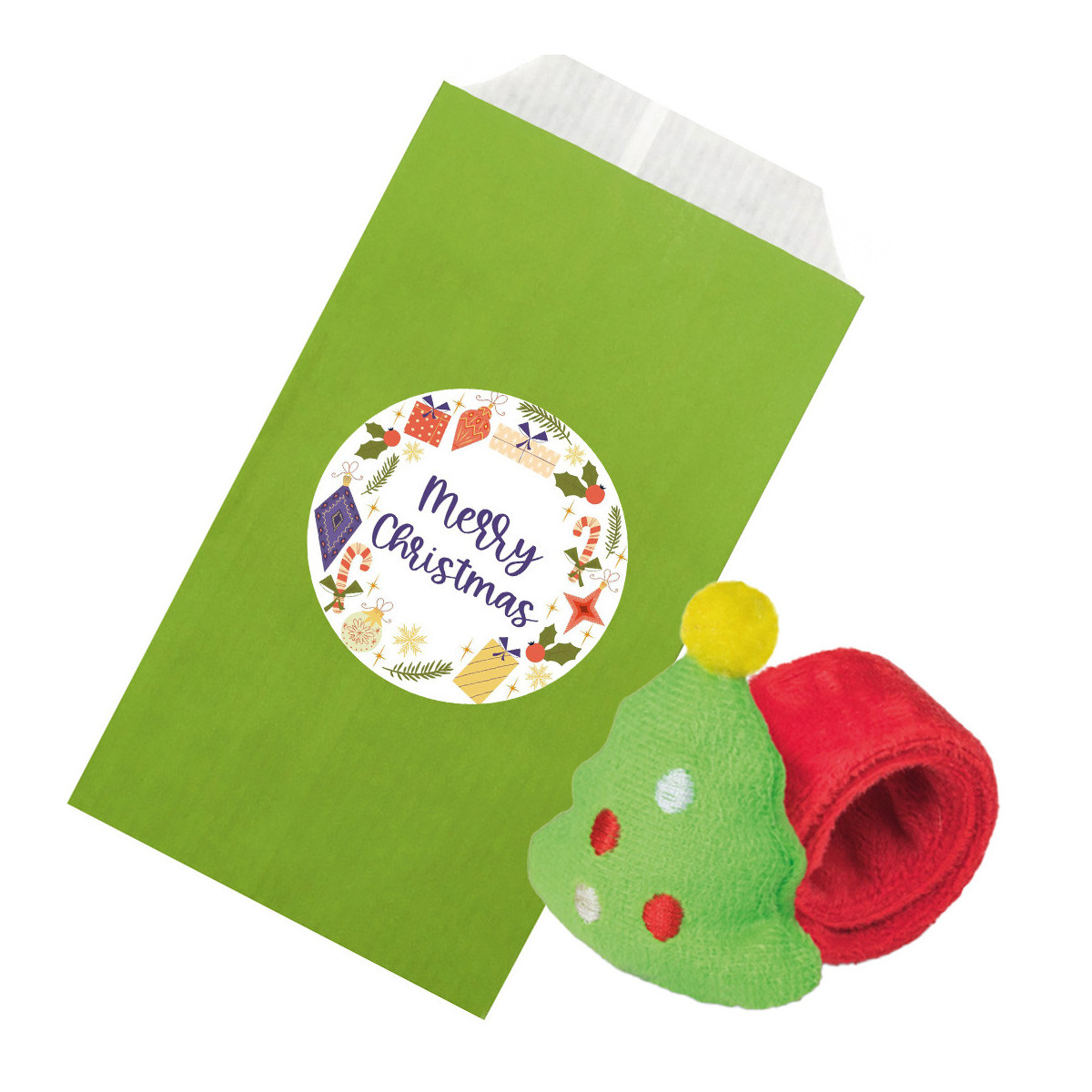 Bracciale arrotolabile natalizio con ornamento per albero di natale in busta di carta regalo con adesivo per personalizzare