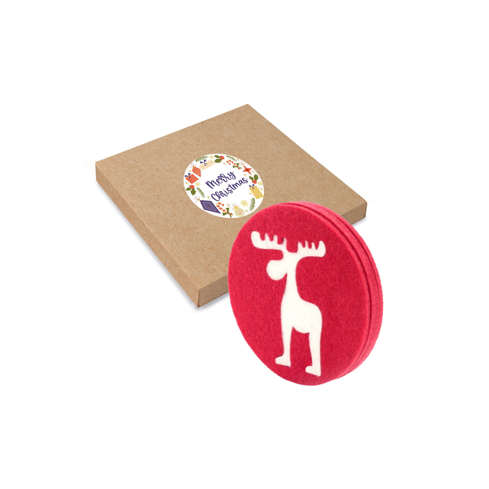 Sottobicchiere in feltro con disegno natalizio in scatola di cartone con adesivo personalizzabile
