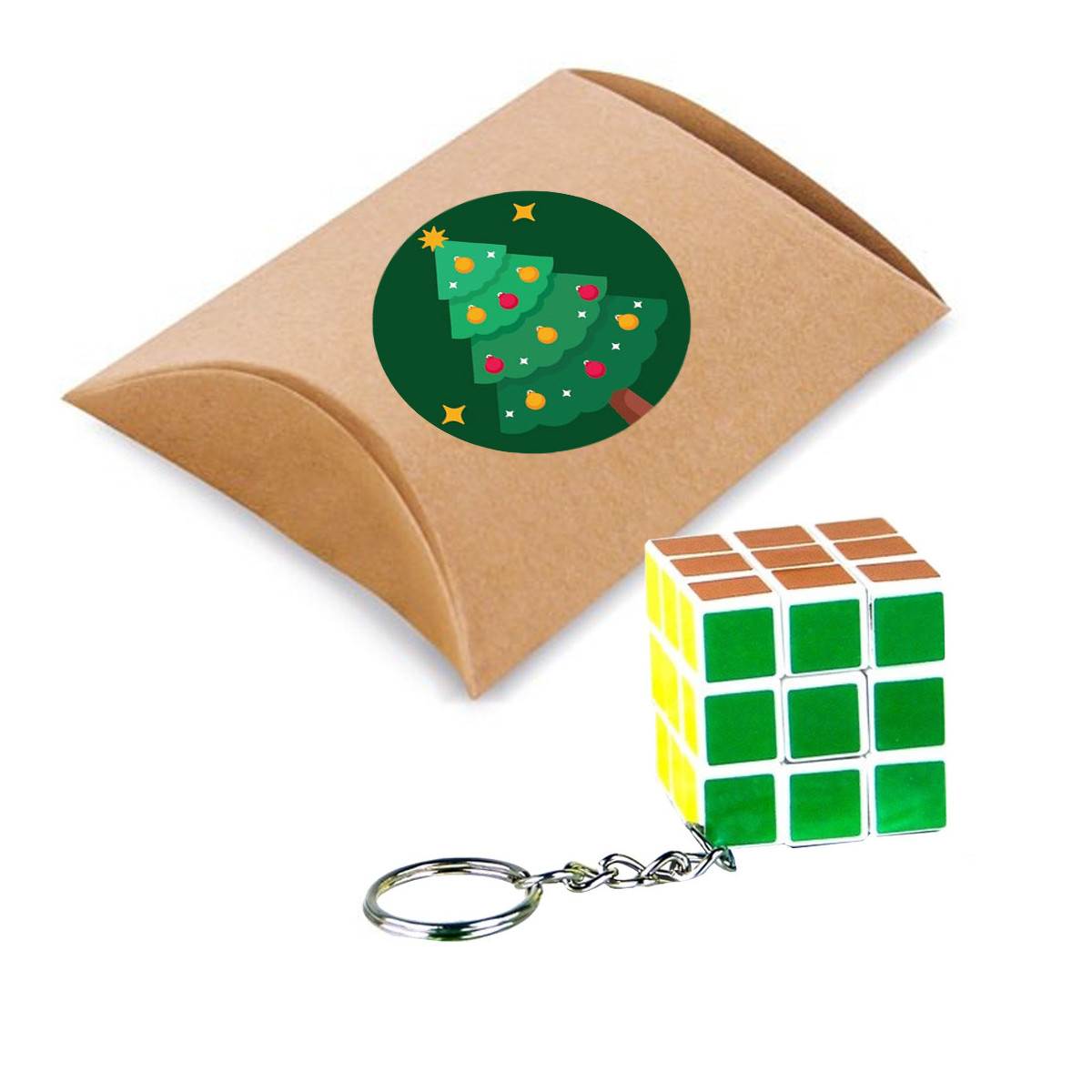 Cubo di rubik 3x3 su portachiavi presentato in scatola di cartone regalo e adesivo natalizio da personalizzare