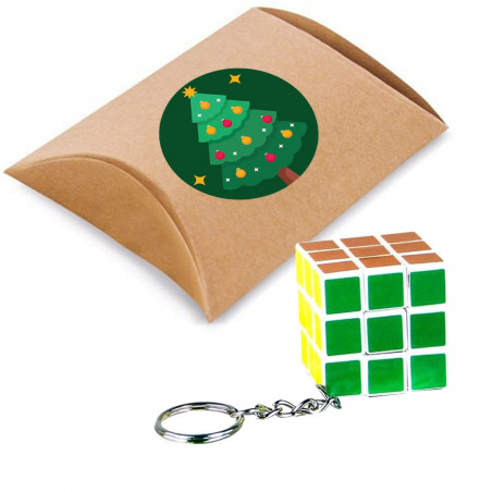 Cubo di rubik 3x3 su portachiavi presentato in scatola di cartone regalo e adesivo natalizio da personalizzare