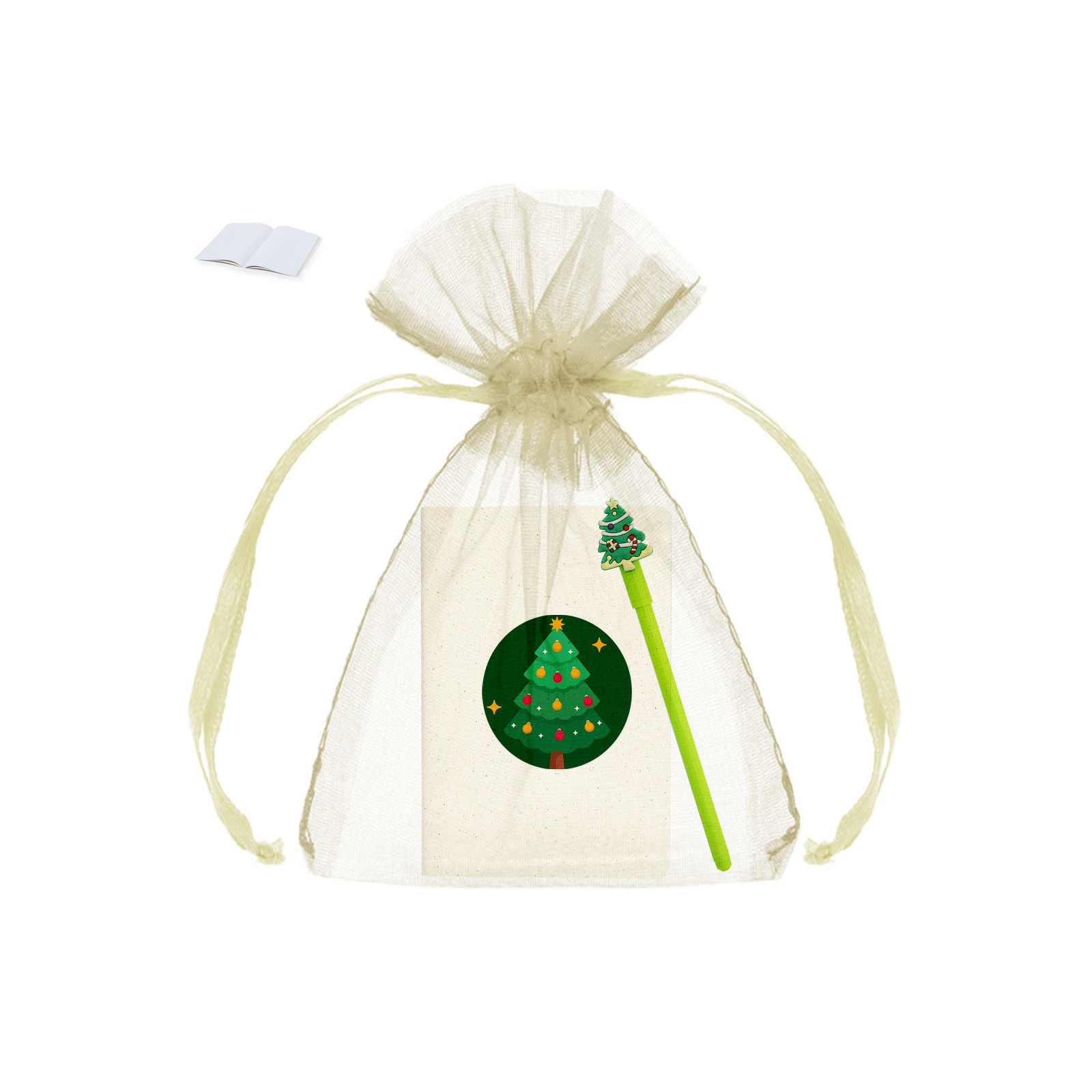 Quaderno a foglia bianca con penna natalizia presentato in una borsa e adesivo decorativo natalizio
