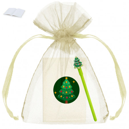 Quaderno a foglia bianca con penna natalizia presentato in una borsa e adesivo decorativo natalizio