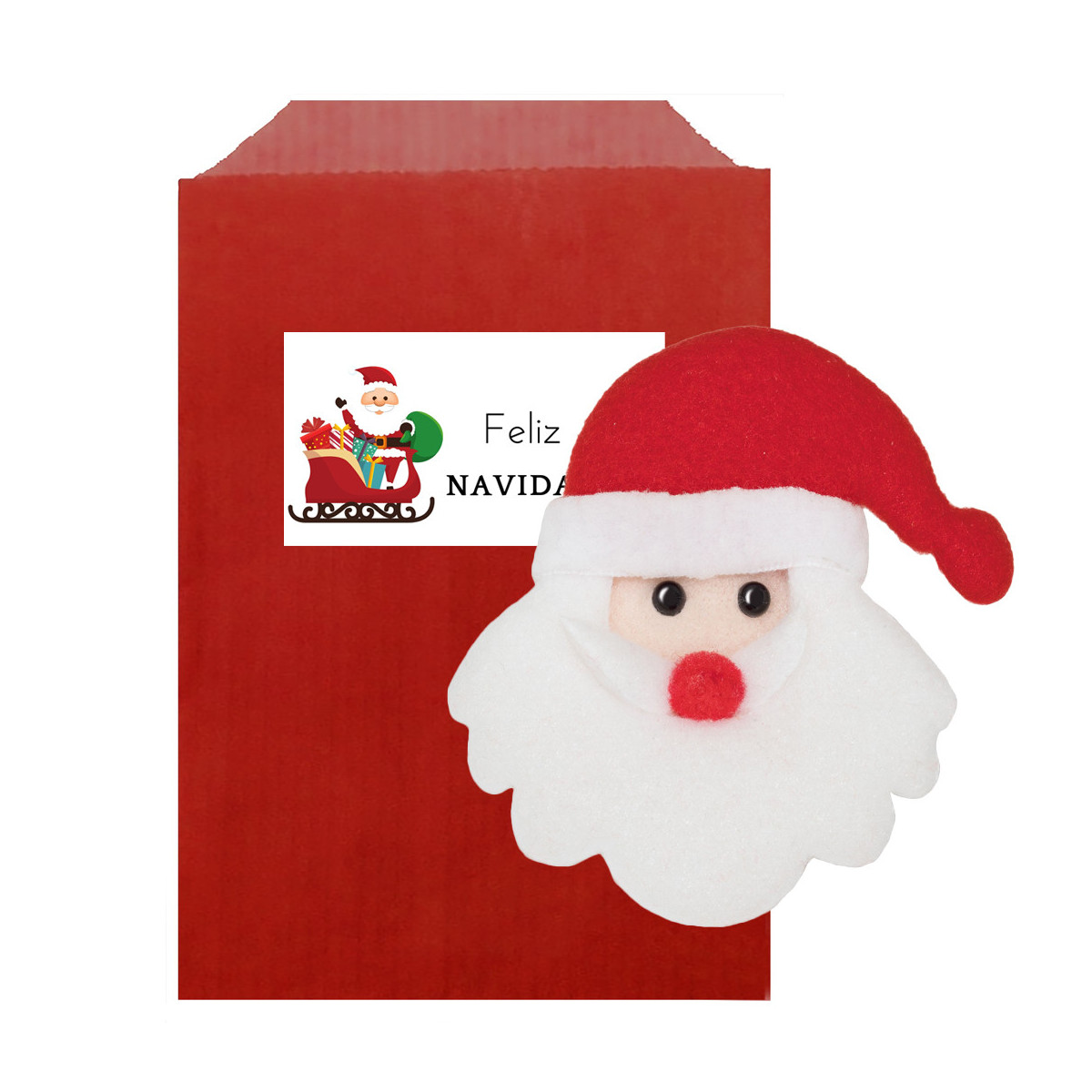 Divertente magnete da frigorifero con babbo natale presentato in una busta regalo rossa e adesivo per personalizzare i dettagli