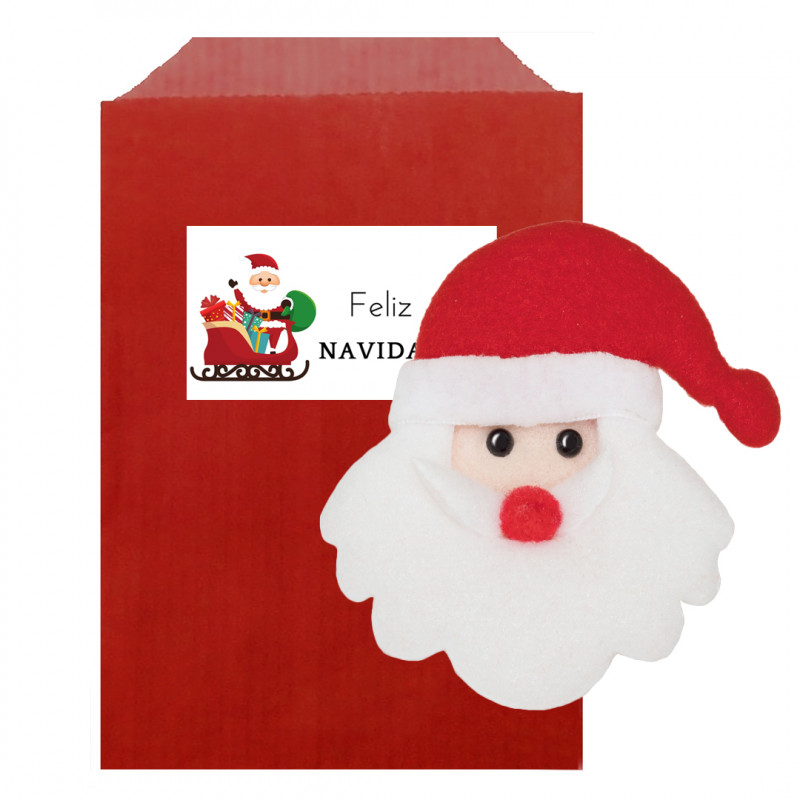 Divertente magnete da frigorifero con babbo natale presentato in una busta regalo rossa e adesivo per personalizzare i dettagli