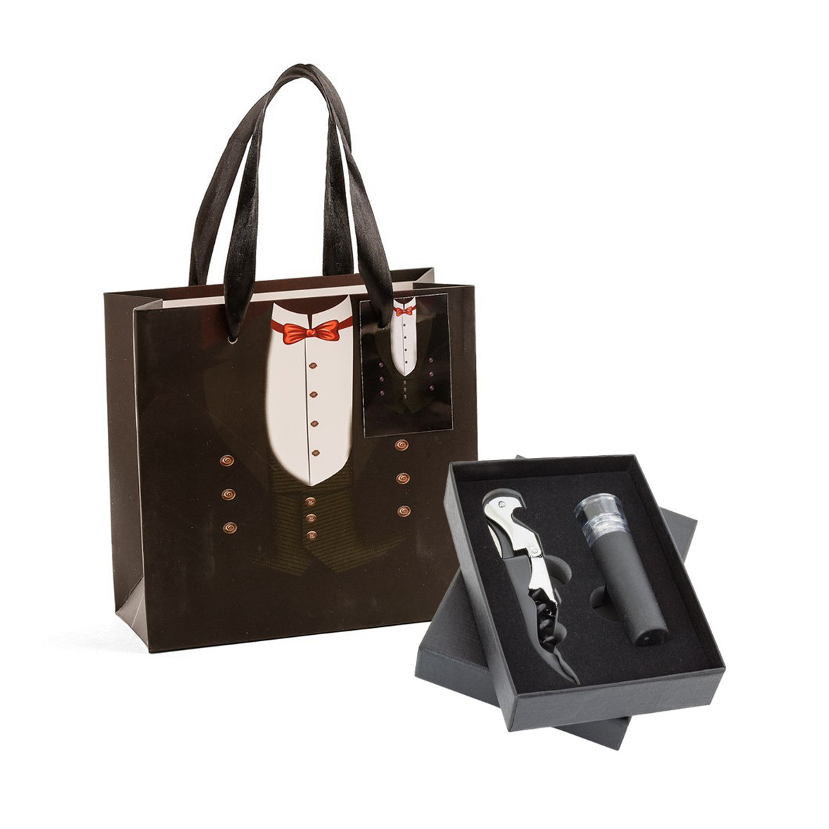 Tappo per vino con pompa a vuoto e apribottiglie presentato in scatola nera e borsa nuziale
