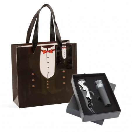 Tappo per vino con pompa a vuoto e apribottiglie presentato in scatola nera e borsa nuziale