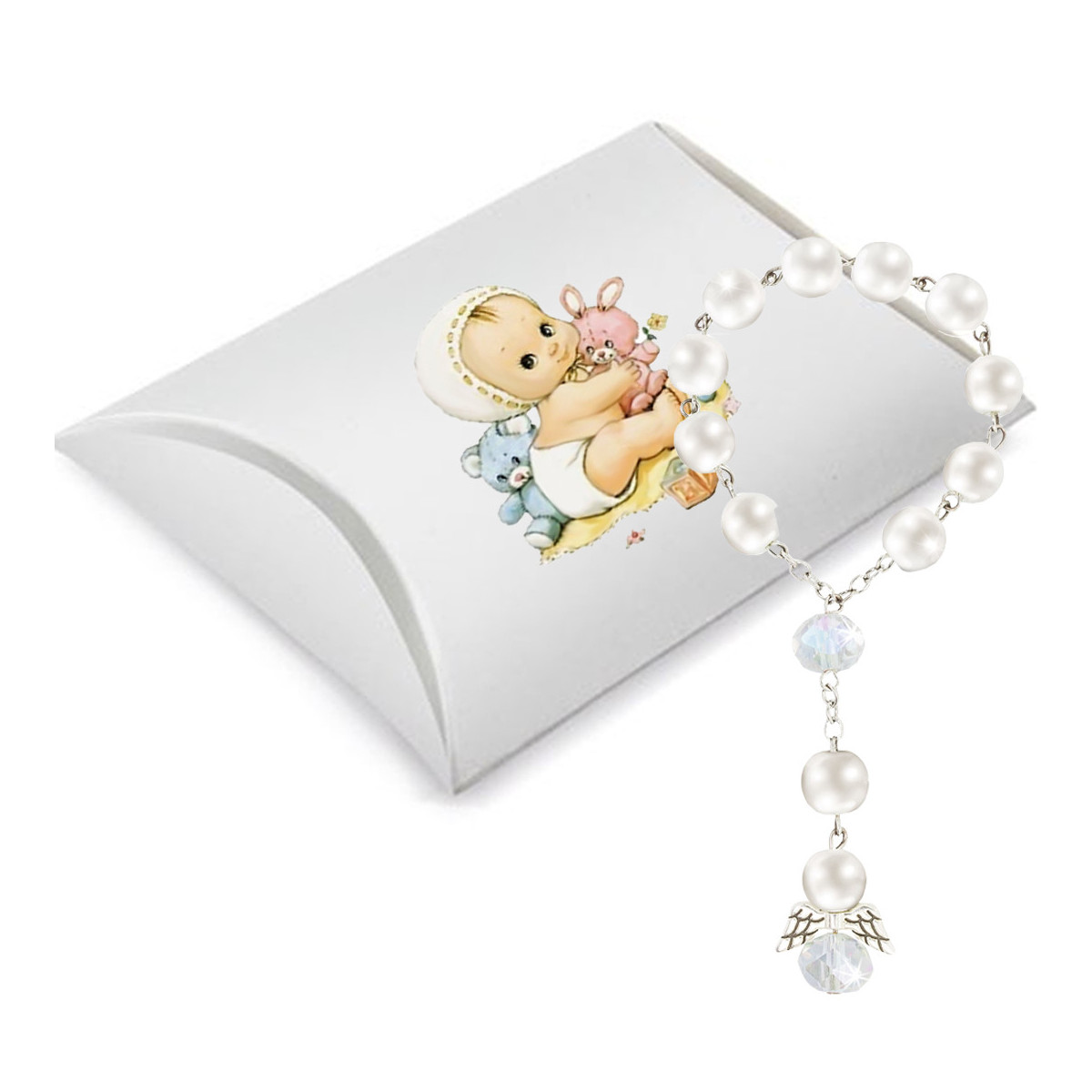 Rosario per battesimo bianco perlato presentato in una scatola decorata con adesivo
