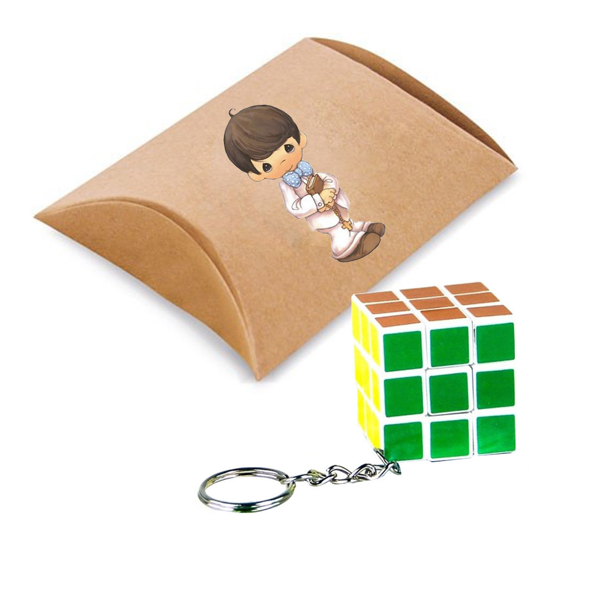 Portachiavi cubo puzzle con scatola di cartone e adesivo comunione