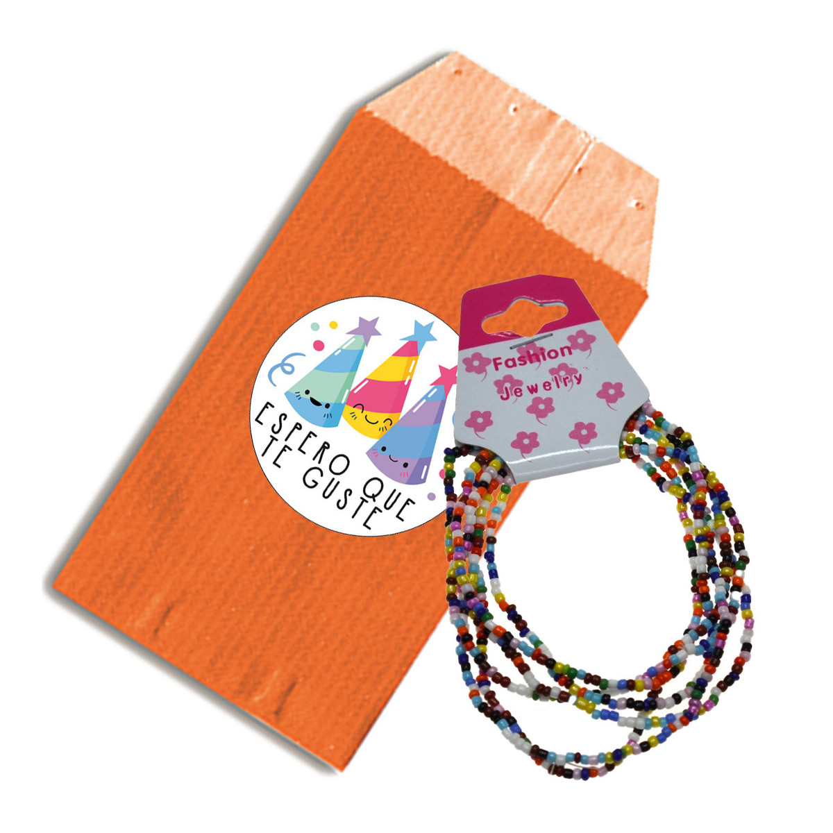 Piccoli braccialetti con palline colorate con busta regalo arancione e adesivo con frase