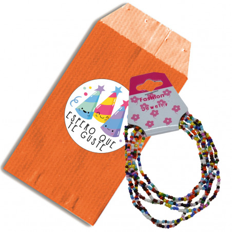 Piccoli braccialetti con palline colorate con busta regalo arancione e adesivo con frase