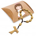 Bracciale rosario in legno presentato in scatola Kraft e adesivi per comunione