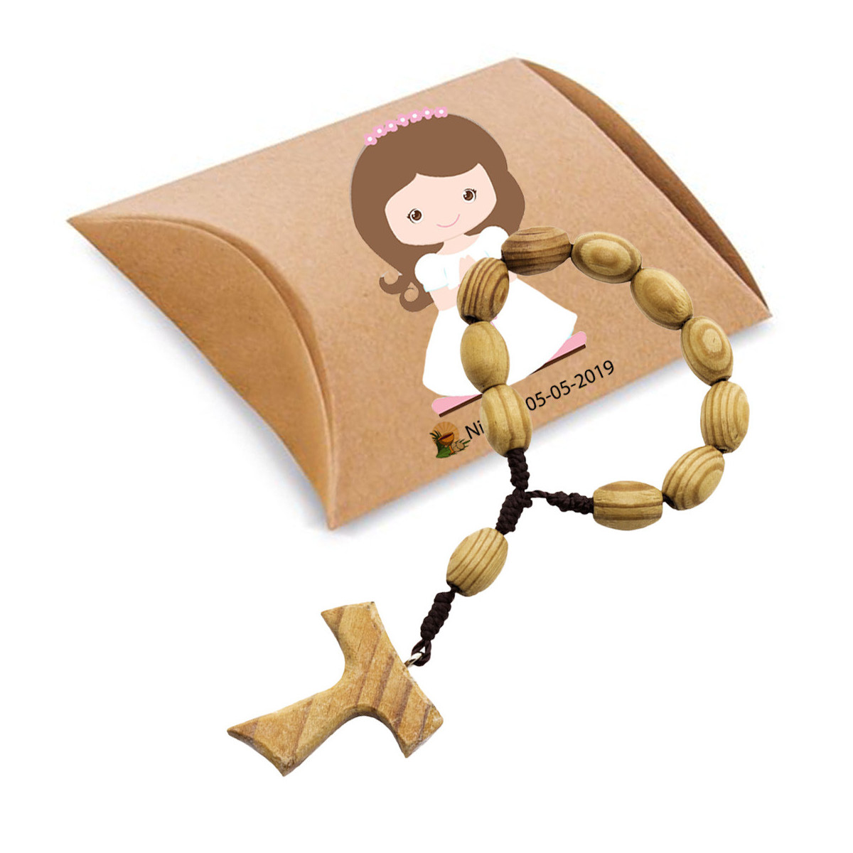 Bracciale rosario in legno presentato in scatola kraft e adesivi per comunione