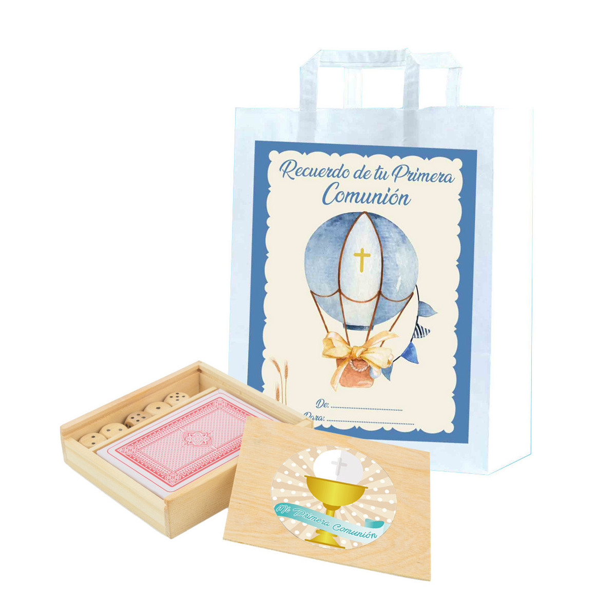 Carte e dadi in scatola di legno personalizzata con adesivi di comunione e borsa regalo speciale comunione