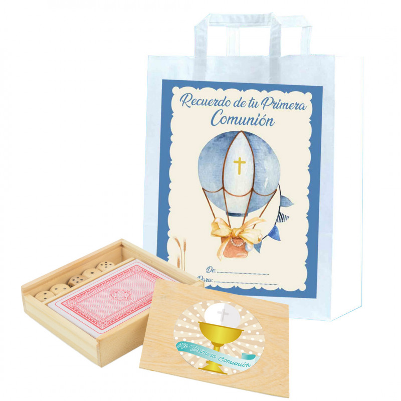 Carte e dadi in scatola di legno personalizzata con adesivi di comunione e borsa regalo speciale comunione