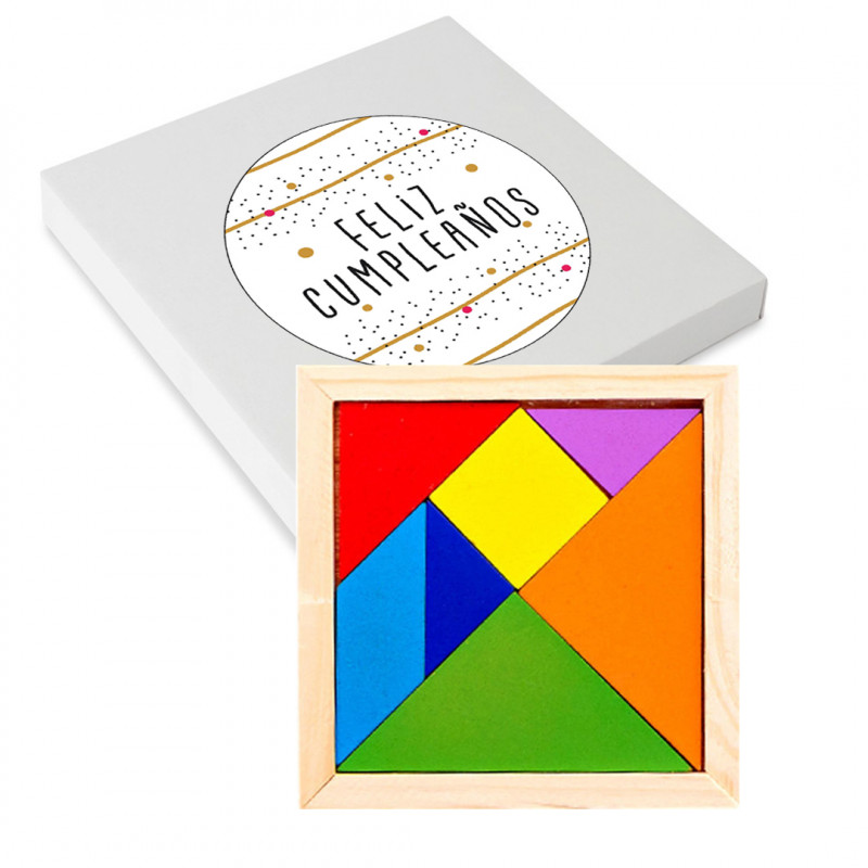 Tangram da 7 pezzi in scatola di cartone con adesivo compleanno Tangram da 7 pezzi in scatola di cartone con adesivo compleanno