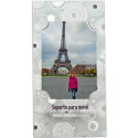 Porta cellulare in cartone, con spazio per due foto, presentato in una busta regalo con adesivo nuziale con immagine