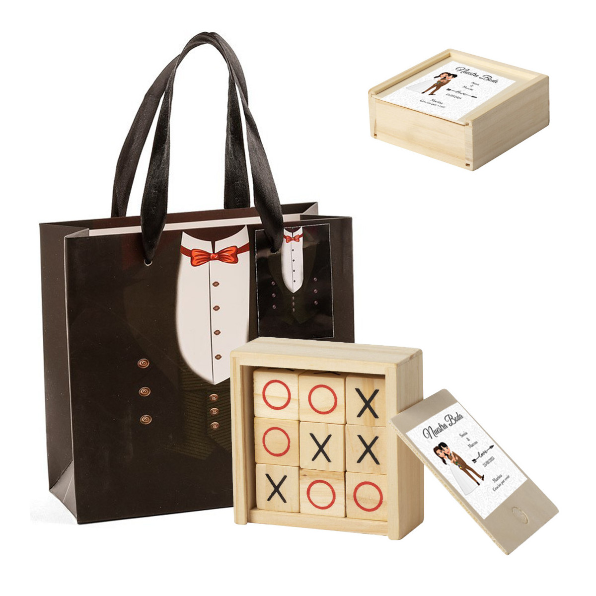 Tic tac toe in legno con scatola personalizzata con adesivo per matrimonio e sacchetto regalo da uomo