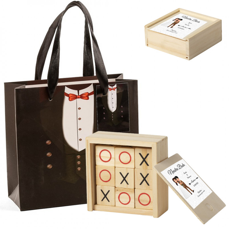 Tic Tac Toe in legno con scatola personalizzata con adesivo per matrimonio e sacchetto regalo da uomo