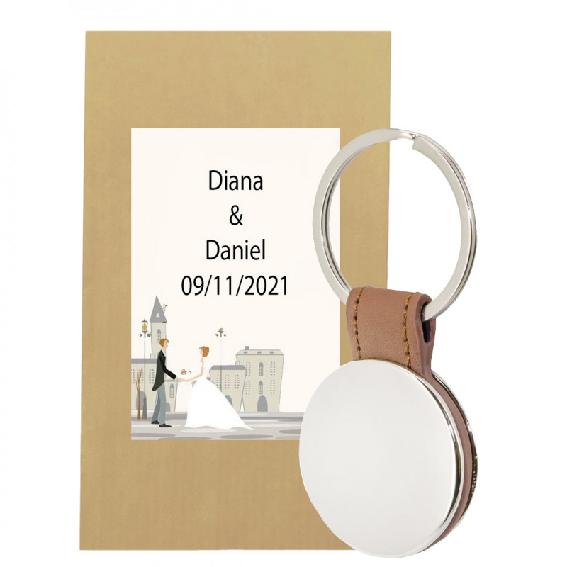 Portachiavi rotondo in similpelle con badge specchio personalizzato con busta regalo e adesivo per matrimoni