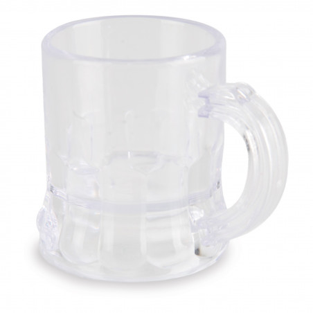 Bicchierino da shot a forma di boccale di birra in una scatola di cartone con un nastro e un adesivo con testo personalizzato.