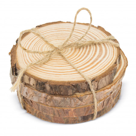 Sottobicchieri in legno con cordoncino di iuta e sacchetto di carta in stile vintage